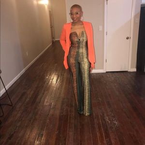 Multicolor wide leg jumpsuit. Orange, gold, green